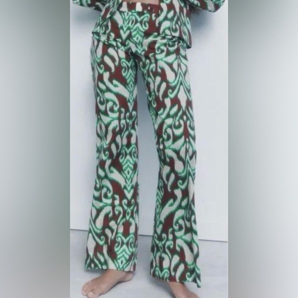 Zara Wide Leg Pant Brown and Green Size Xs Cotton Material